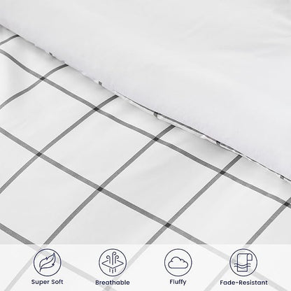 SLEEP ZONE Comforter Set for Queen Size, All-Season Queen Down Alternative Quilted Comforter, Winter Warmth Breathable,Super Soft,Machine Washable(88x88) (Grey Grid White, Queen)