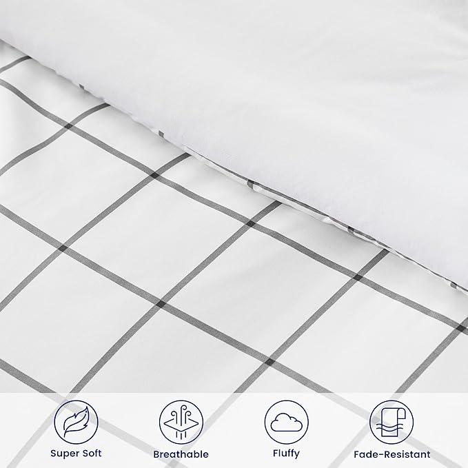 SLEEP ZONE Dorm Comforter Twin XL, 5 Pieces Geometric Plaid Pattern Printed Soft Microfiber Bedding, Breathable & Soft Bed in A Bag (Grey Grid White, Twin XL)