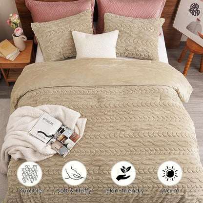 PHF Fluffy Sherpa Fleece Twin Comforter Set, 2 Pieces Warm Fuzzy Soft Bedding for Winter, 3D Tufted Flannel Plush Shaggy Bed Set, 1 Comforter (68"x90") and 1 Pillowcase (20"x26"), Khaki