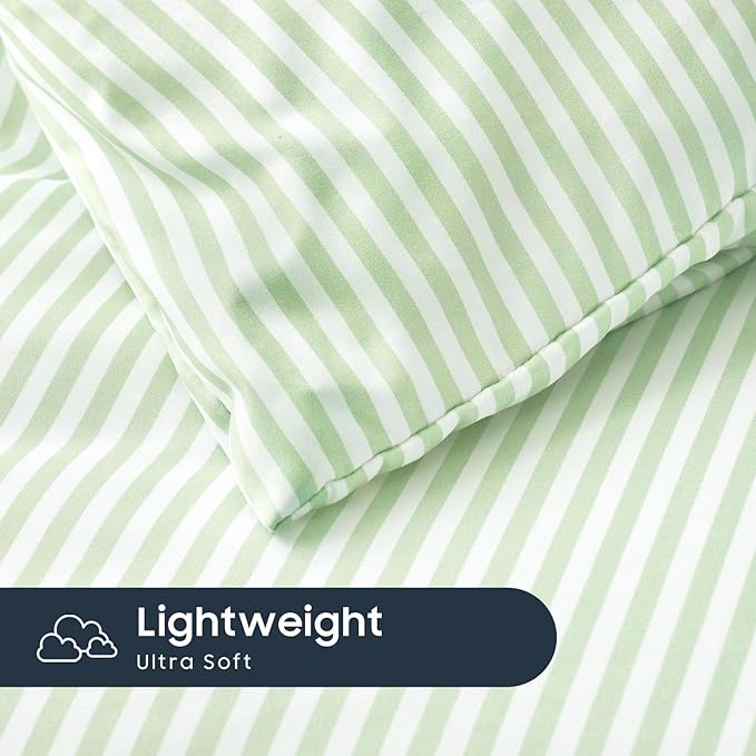 Wake In Cloud - Striped Comforter Set with Sheets, Ticking Stripe Vertical Pinstripe Neutral Farmhouse Pattern Printed, 5 Pieces Bed in a Bag, Sage Green White, Twin Size