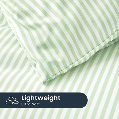 Wake In Cloud - Striped Comforter Set with Sheets, Ticking Stripe Vertical Pinstripe Neutral Farmhouse Pattern Printed, 5 Pieces Bed in a Bag, Sage Green White, Twin Size