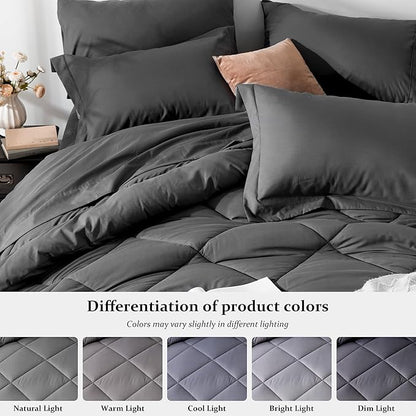 Newspin Queen Comforter Set Dark Grey - Bed in a Bag Queen Size 8 Pieces, All Season Bed Set, Fluffy Comforter Set with Sheets, Sheet Set Quilt Blanket, Pillowcases & Shams & Bed Skirt