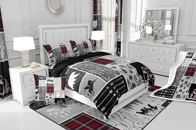 Erosebridal Western Cowboy Comforter Set Full,Rustic Farmhouse Bedding Set Western Bedroom Decor,Hunting Bear Horse Duvet Insert,Dream Catcher Arrow Wildlife Print Quilt Buffalo Plaid Decor,Red