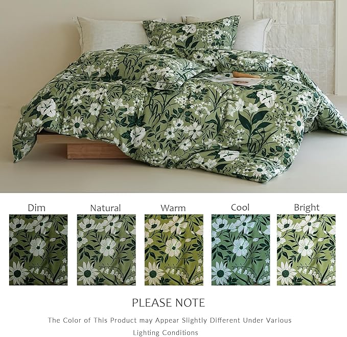 Cotton Queen Size Comforter Set, 3Pcs Garden Style Green Flower Print Botanical Comforter for All Seasons, Luxury Warmth Breathable Bedding Set with 1 Lightweight Comforter and 2 Pillow shams