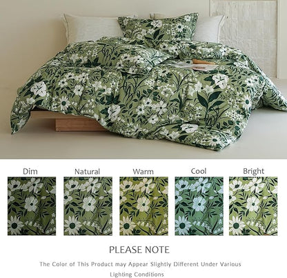 Cotton King Size Comforter Set, 3Pcs Garden Style Green Flower Print Botanical Comforter for All Seasons, Luxury Warmth Breathable Bedding Set with 1 Lightweight Comforter and 2 Pillow Shams
