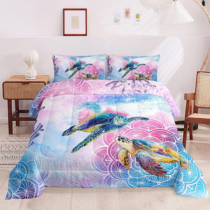 HOSIMA Sea Turtle Bedding,Coastal Beach Themed Twin Comforter for Kids Teen Girls Boys Room Decor, Toddler Bedding Set,Mandala Turtle Comforter with 2 Pillowcases.