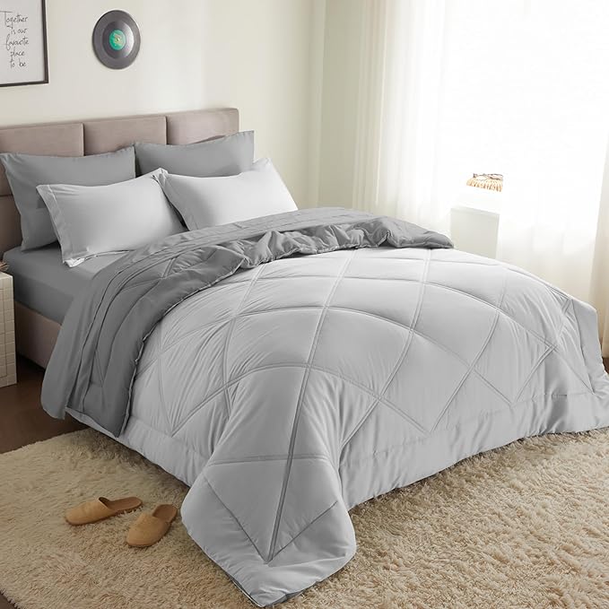 Joiedomi Queen Comforter Set with Sheets Light Grey, 7 Pieces Queen Bed Set with 1 Down Alternative Comforter, 1 Flat Sheet, 1 Fitted Sheet, 2 Pillowcases and 2 Pillow Shams, Bed in a Bag All Seasons