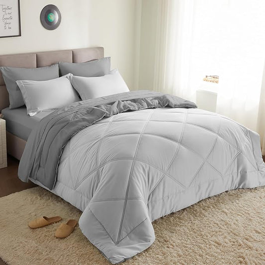 Joiedomi King Size Comforter Set with Sheets Light Grey, 7 Pieces King Bedding Set with 1 Down Alternative Comforter, 1 Flat Sheet, 1 Fitted Sheet, 2 Pillowcases and 2 Pillow Shams, Bed in a Bag
