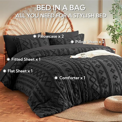 MR&HM Boho Queen Comforter Set, Black Tufted Boho Bedding Set, Bed in a Bag Set 7 Pieces with 1 Comforter, 2 Pillow Shams, 2 Pillowcases, 1 Flat Sheet, 1 Fitted Sheet for All Seasons