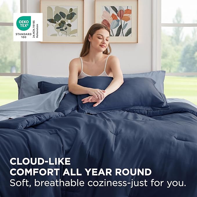 Bedsure King Size Comforter Set - 7 Pieces Navy King Bedding Set for All Seasons, Boho Contrasting Design Bed in a Bag with Comforter, Sheets, Pillowcases & Shams