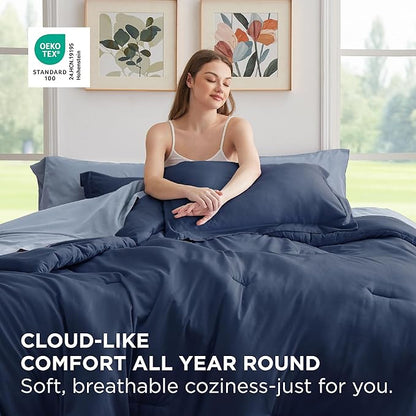 Bedsure Twin Comforter Set - 5 Pieces Navy Twin Bedding Set for All Seasons, Boho Contrasting Design Bed in a Bag with Comforter, Sheets, Pillowcase & Sham