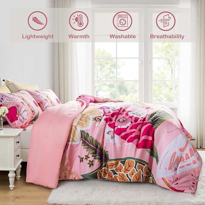 Pink Boho Floral King Comforter Set - 3 Piece Farmhouse Botanical Bedding Comforter Sets for All Season Soft Lightweight Mid Century Modern Bed Set, (1 Reversible Comforter and 2 Pillow Shams