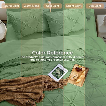 Sasttie California King Comforter Set, 7-Piece Bed in a Bag, Pintuck Bedding Sets for All Season, Includes Comforter, Flat Sheet, Fitted Sheet, Pillowcases and Pillowshams, Green