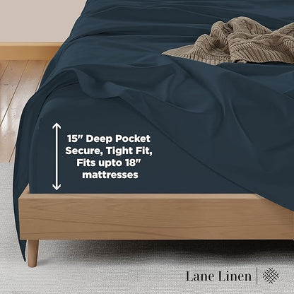 LANE LINEN 100% Cotton Sheets Queen Size – 600 Thread Count Naturally Cooling Queen Bed Set, Durable Bedding for Daily Use, Luxury Sateen Finish, Snug Fit 15" Deep Pocket Fitted Sheet – Estate Blue
