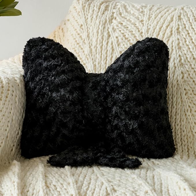Bow Pillow, Decorative Bow Pillows with Soft Plush for Couch Bed, Bow Shaped Throw Pillow Room Decor for Bedroom, Bow Decorative Pillow for Living Room (Black, Large-16 Inches)