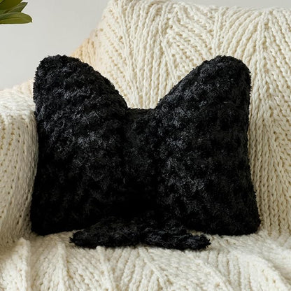 Bow Pillow, Decorative Bow Pillows with Soft Plush for Couch Bed, Bow Shaped Throw Pillow Room Decor for Bedroom, Bow Decorative Pillow for Living Room (Black, Large-16 Inches)