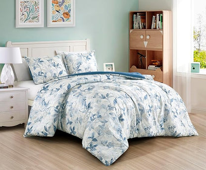 Chezmoi Collection Monica 3-Piece Boho Floral Comforter Set, Full - Blue Gray White Tropical Flower Textured Printed Microfiber Lightweight Bedding Set