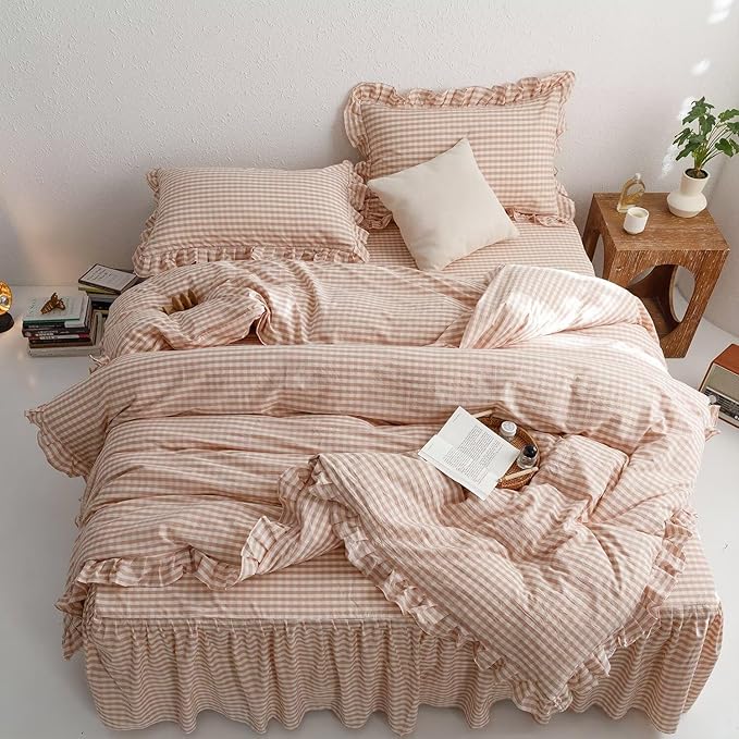 mixinni Vintage Pink Gingham Ruffle Comforter Set 3-Piece Washed Cotton Queen Size Grid Bedding Set with Geometric Checkered Pattern, Farmhouse Chic Soft Fluffy Comforter for All-Season