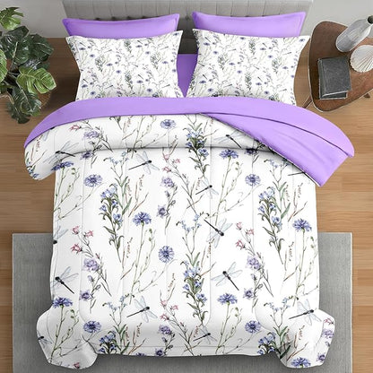 Comforter Set Full Size, Botanical Flower Dragonfly 7 Pcs Bedding for Kids and Adults, Herb Plant Wildflowers Bed Sheet Sets with Fitted Sheet 2 Pillowcases & 2 Shams for Bedroom Bed Decor