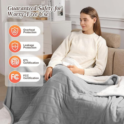 Electric Throw Blanket Heated Throw 50''x60'', Small Heated Throw Blanket for Office with Fast Heating & Overheat Protection, Silky Flannel and Sherpa Fleece Heated Blankets for Grandma Gifts (Gray)
