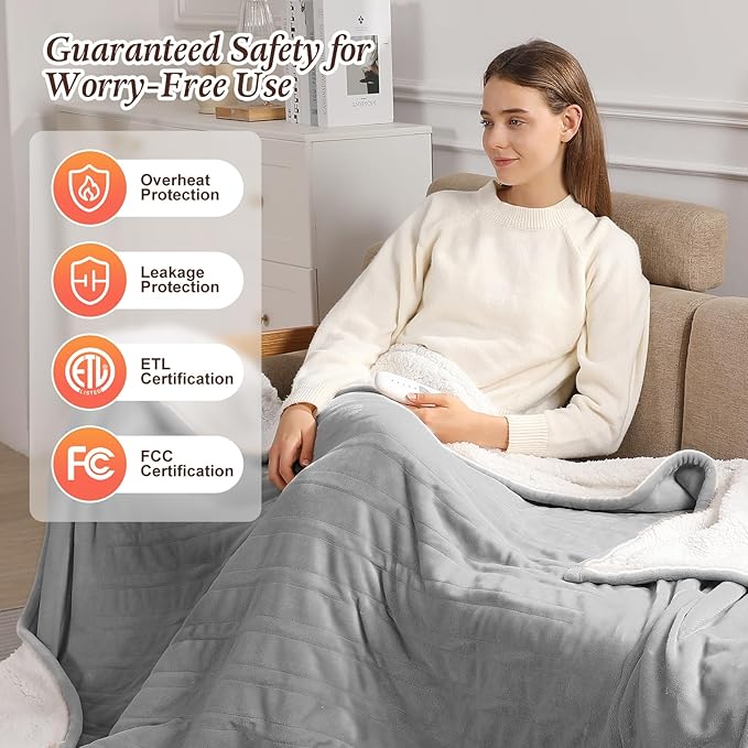 Queen Size Electric Blanket 84''x90'' Heated Blanket - Plush Flannel and Soft Sherpa Fleece Heating Blanket for Couple, 5 Heat Levels & 10 Hours Auto-Off, Great Gift for Grandma (Gray)