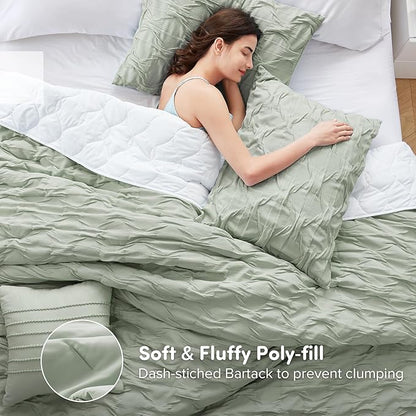 Comfort Spaces Twin/Twin XL Comforter Set for College Ogee Ruched Crinkle Texture Breathable Comforter Set Twin Dorm All Season Lightweight Bedding Set Shabby Chic Décor Pilow Green 3 Piece