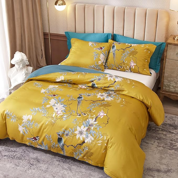 mixinni King Size Comforters Vibrant Colors Pattern Soft Flower Birds Bedding Comforter Sets Fluffy Lightweight Reversible Floral Comforter with 2 Pillowcases-King Size