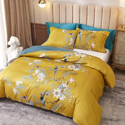 mixinni King Size Comforters Vibrant Colors Pattern Soft Flower Birds Bedding Comforter Sets Fluffy Lightweight Reversible Floral Comforter with 2 Pillowcases-King Size