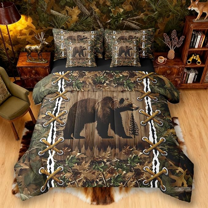 Erosebridal Cabin Twin Comforter Set with Sheets | Wild Bear Grizzly 7-Piece Bedding Set Mens Camouflage Bed in a Bag, Woodland Hunting Animals Bed Sets,Camo Rustic Farmhouse Decor Camo Bed Set