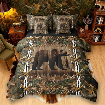 Cabin Full Size Bed Sheets and Comforter Set | Wild Bear Grizzly 7-Piece Bedding Set Mens Camouflage Bed in a Bag, Woodland Hunting Animals Bed Sets,Camo Rustic Farmhouse Decor Camo Bed Set