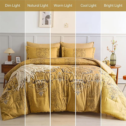 Mybedsoul 7 Pieces Gold Comforter Set King Size, Damask Bed in a Bag for King Bed, Lightweight Microfiber Boho Bedding Sets with Comforter, Sheet, Pillowcases & Shams for All Season(90"x104")