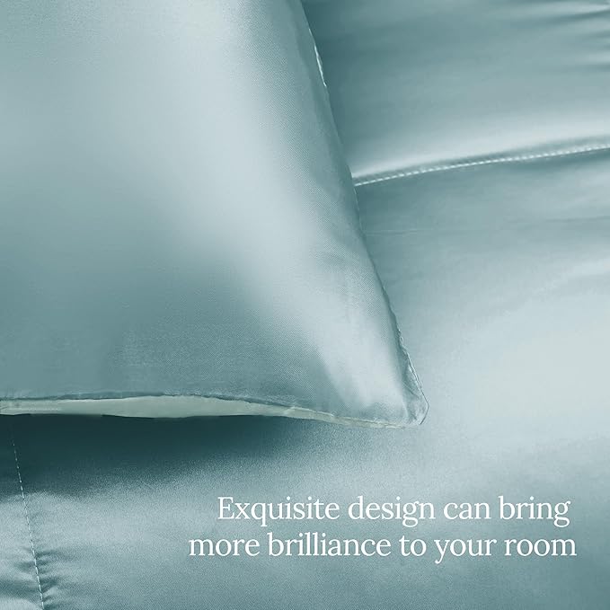 Whale Flotilla 3-Piece Reversible Silky Soft King Size Comforter Bedding Set, Luxurious Satin Comforters Oversized with 2 Satin Pillowcases, Lightweight Duvet for All Seasons, Haze Blue