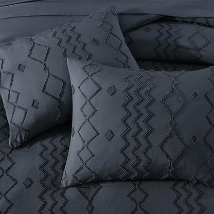 Full Size Comforter Set Navy Blue, Tufted Boho Bedding Farmhouse Bed Set, All Season 7 Pieces Bed in a Bag with Sheets, Pillowcases & Shams
