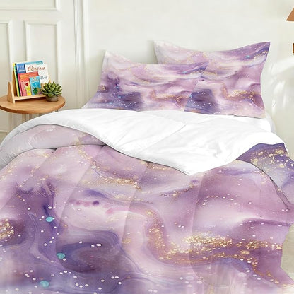 Lavender Sparkly Marble Bedding Set for Teens Adults Glitter Dreamy Purple Marbling Bed Set Watercolor Fluid Comforter Set for All Seasons Full Size 3 Pcs (1 Comforter & 2 Pillowcases)