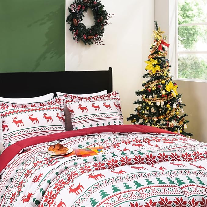 downluxe Christmas Comforter Set Queen with 2 Pillow Shams - Christmas Decoration Comforter Set with Reindeer and Snowflake Patterns - Bed Comforter Queen Set(3-Piece Set)