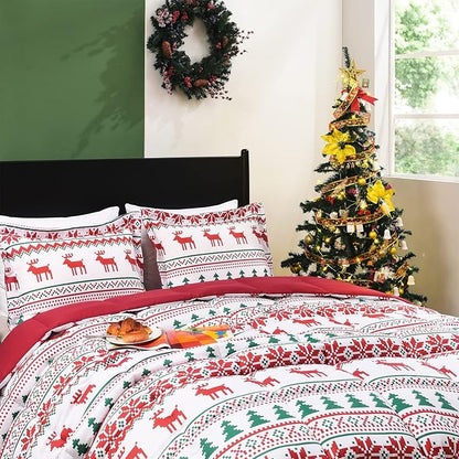 downluxe Christmas Comforter Set Queen with 2 Pillow Shams - Christmas Decoration Comforter Set with Reindeer and Snowflake Patterns - Bed Comforter Queen Set(3-Piece Set)
