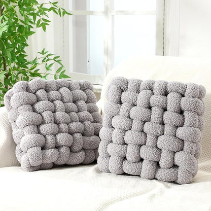 Wenqik 2 Pcs Knot Pillows Square Knotted Plush Throws Soft Accent Pillows Decoration Cushion for Couch Home Office Living Room Bedroom Bed Sofa Decor, 12'' x 13''(Light Gray,Lambswool)