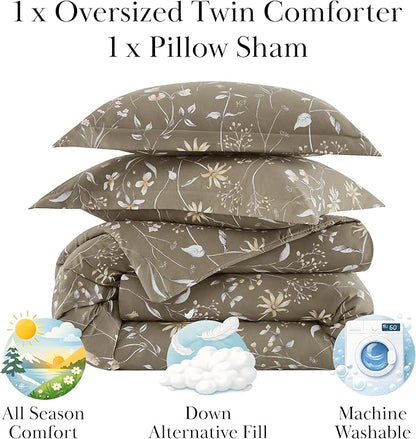 Southshore Fine Living, Inc. Oversized Twin Mattress Comforter Set, Down Alternative Boho Bedspread, The Secret Meadow Collection Comforter Sets, 2 Piece Bedding Set for Twin/XL Mattress, Brown