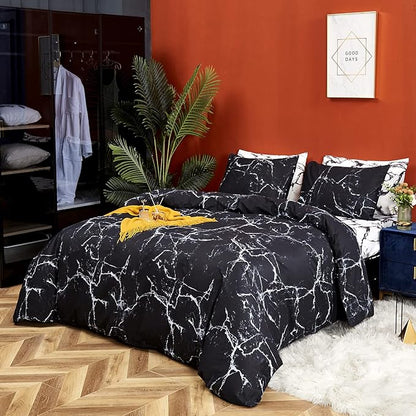 CLOTHKNOW Black White Queen Comforter Set Marble Bedding Comforter Sets Abstract Comforter Queen Men Women Black Queen Size Comforter Sets