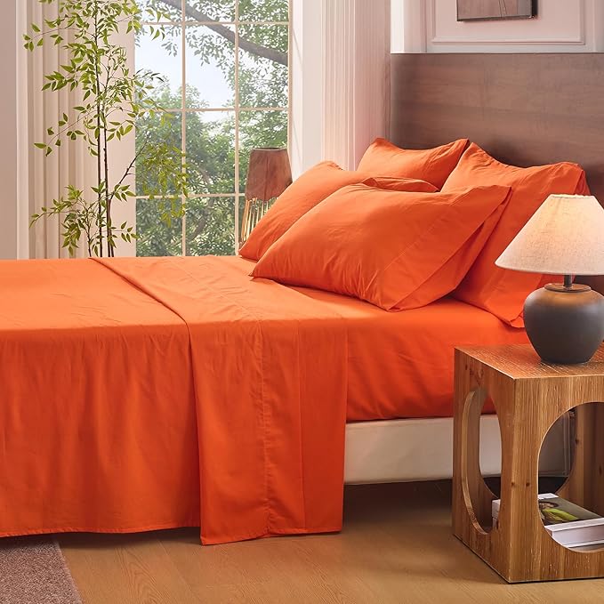 Bedlifes 100% French Flax Linen Sheets Set King Size - 6 Piece Extra Deep Pocket 18-24",Soft Breathable King Bed Sheets with Temperature Regulating & Moisture-Wicking(Orange