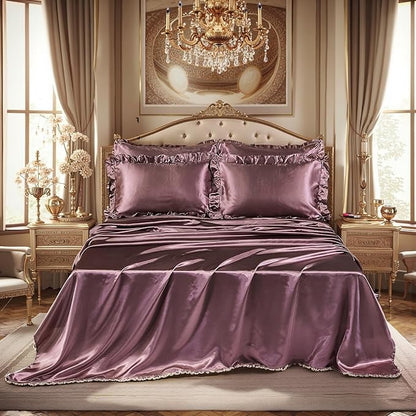 Silk Like Satin Comforter Set with Sheet Set Queen Size 8 Pieces Blush Pink Satin Bedding Set Silky Ruffle Pattern Home Deocr Luxury Silky Comforter Set with 1 Cushion Cover