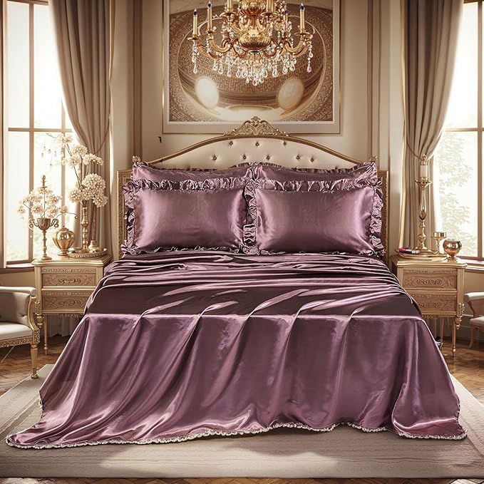 Silk Like Satin Comforter Set with Sheet Set King Size 8 Pieces Blush Pink Satin Bedding Set Silky Ruffle Pattern Home Deocr Luxury Silky Comforter Set with 1 Cushion Cover