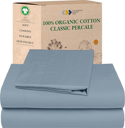 California Design Den Twin Size Sheets Set - Soft 100% Organic Cotton Sheets with Deep Pockets, Crisp Percale, Breathable and Durable Bedding Set - Blue Hydrangea