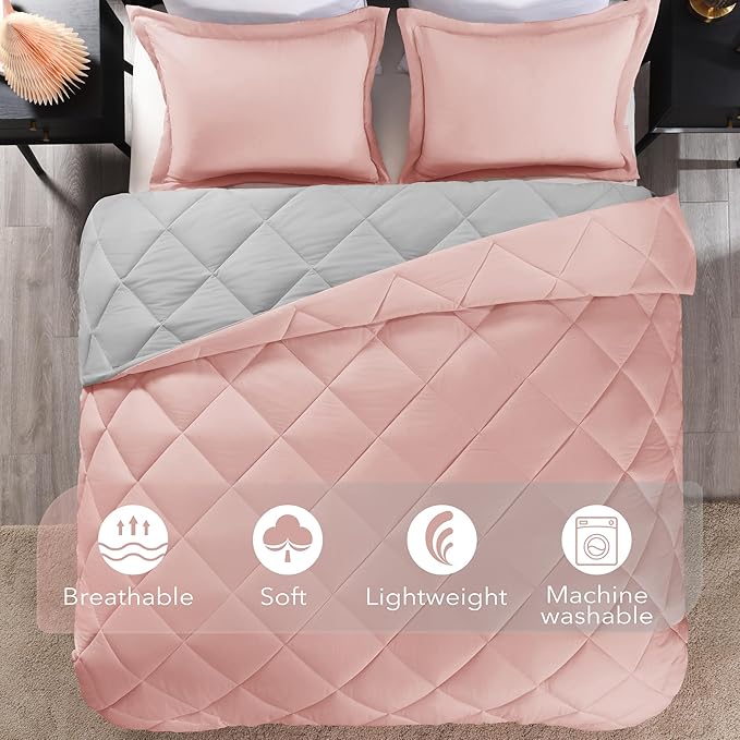 downluxe Queen Comforter Set - Pink and Grey Queen Comforter, Soft Bedding Sets for All Seasons - 3 Pieces - 1 Comforter (88"x92") and 2 Pillow Shams(20"x26")