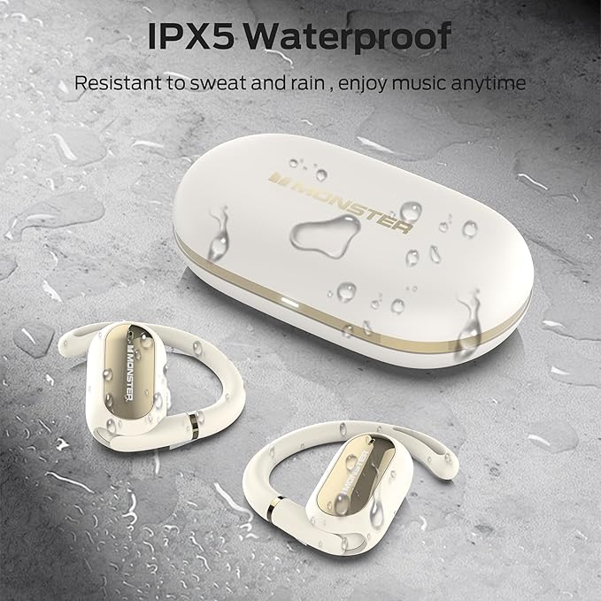 Monster Open Ear AC322 Wireless Earbuds, Bluetooth 5.4, 36H Playtime, IPX5 Waterproof, Open-Ear Design with Adjustable Ear Hooks, Secure Fit for Running & Workout, Clear Calls White