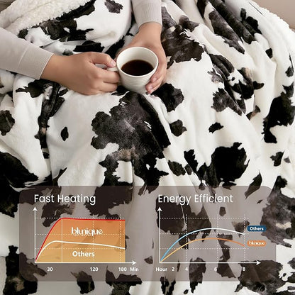 Heated Blanket Throw Electric Blanket – Fast Heating Blanket with 10 Heat Settings & 10 Hours Auto Off, Cow Print Blanket Cozy Soft Fleece Sherpa, Washable, Warm Gifts for Grandma