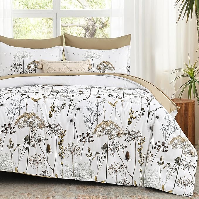 Yiran Khaki Floral Comforter Set Queen Size, 7 Piece Dandelion Botanical Plant Comforter Bedding Set, Bed in a Bag Queen, Soft Microfiber Complete Bedding Set with Sheets for All Season