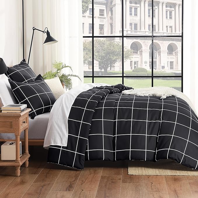 Andency Black Grid Comforter Set Queen(90x90Inch), 3 Pieces (1 Plaid Comforter and 2 Pillowcases) Black Plaid Comforter Set, Lightweight Microfiber Gingham Geometric Comforter Bedding Set