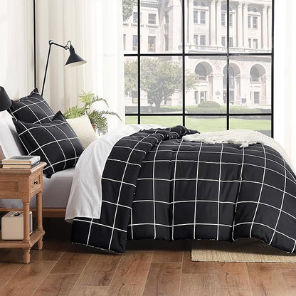 Andency Black Grid Comforter Set Queen(90x90Inch), 3 Pieces (1 Plaid Comforter and 2 Pillowcases) Black Plaid Comforter Set, Lightweight Microfiber Gingham Geometric Comforter Bedding Set