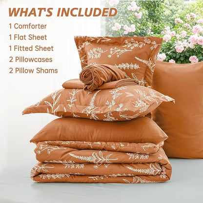 MUXHOMO Burnt Orange Bed in a Bag King 7 Pieces, King Comforter Set Reversible Botanical Flowers Design, Ultra Soft & Breathable Bedding Sets with Comforter, Sheets, Pillowcases & Shams